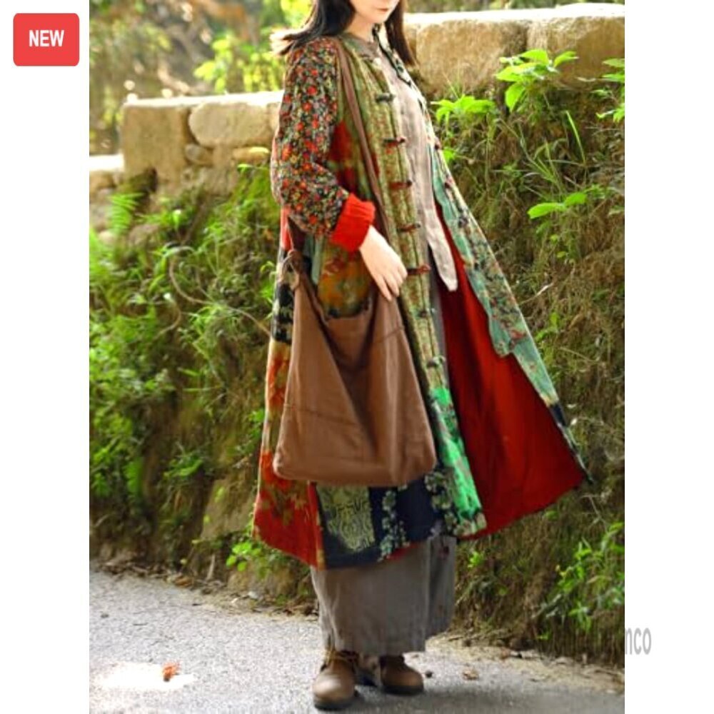 Women's Patchwork Trench Coat Cotton Linen Duster Boho Cottagecore - Picture 6 of 7
